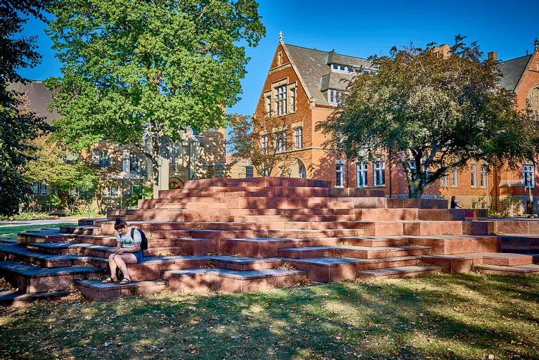 Exterior photo of the Merging fountain the Mather Quad