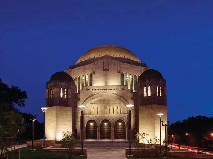 Exterior of the Maltz Performing Arts Center at night