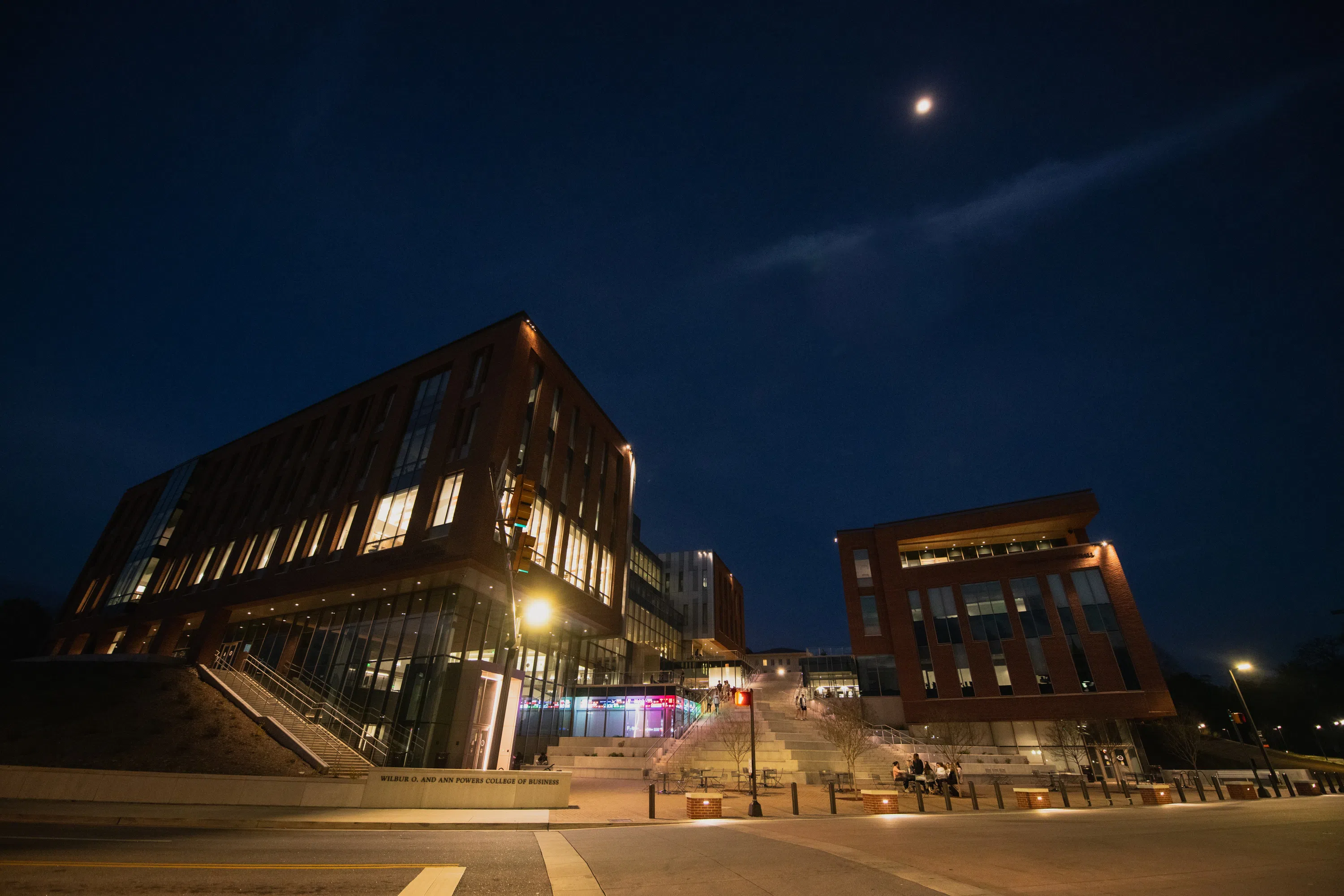 The Wilbur O. and Ann Powers College of Business at night