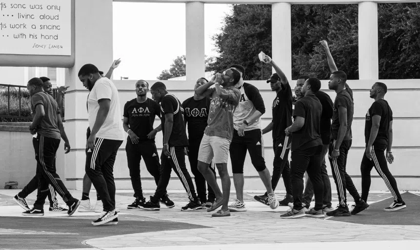 Students from the Alpha Phi Alpha Fraternity, Inc. perform at the annual Grill & Greet event.