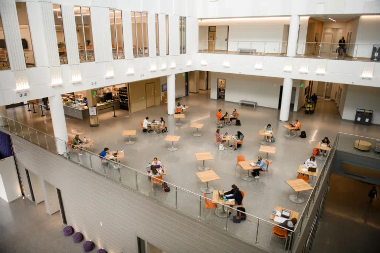 The lobby of the Wilbur O. and Ann Powers College of Business building