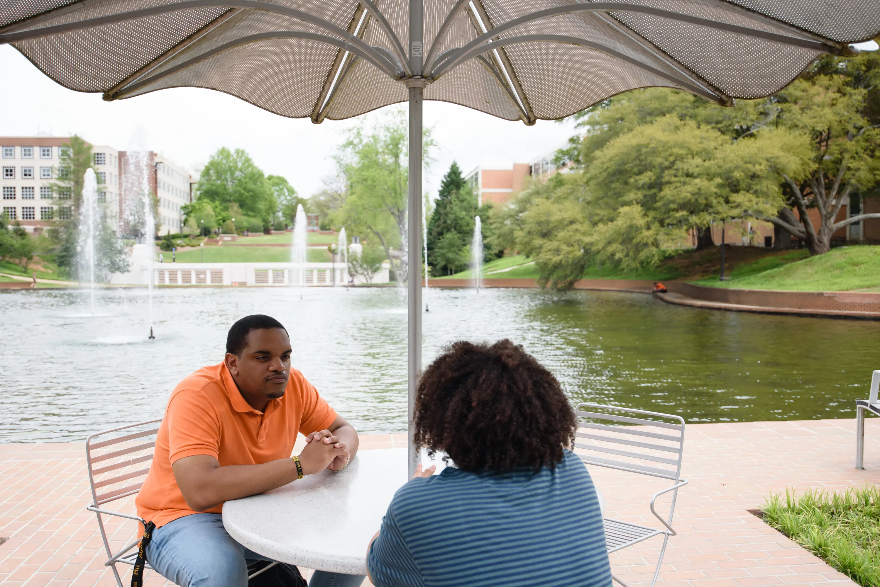 Students sitting outside the Library near the Reflection Pond.