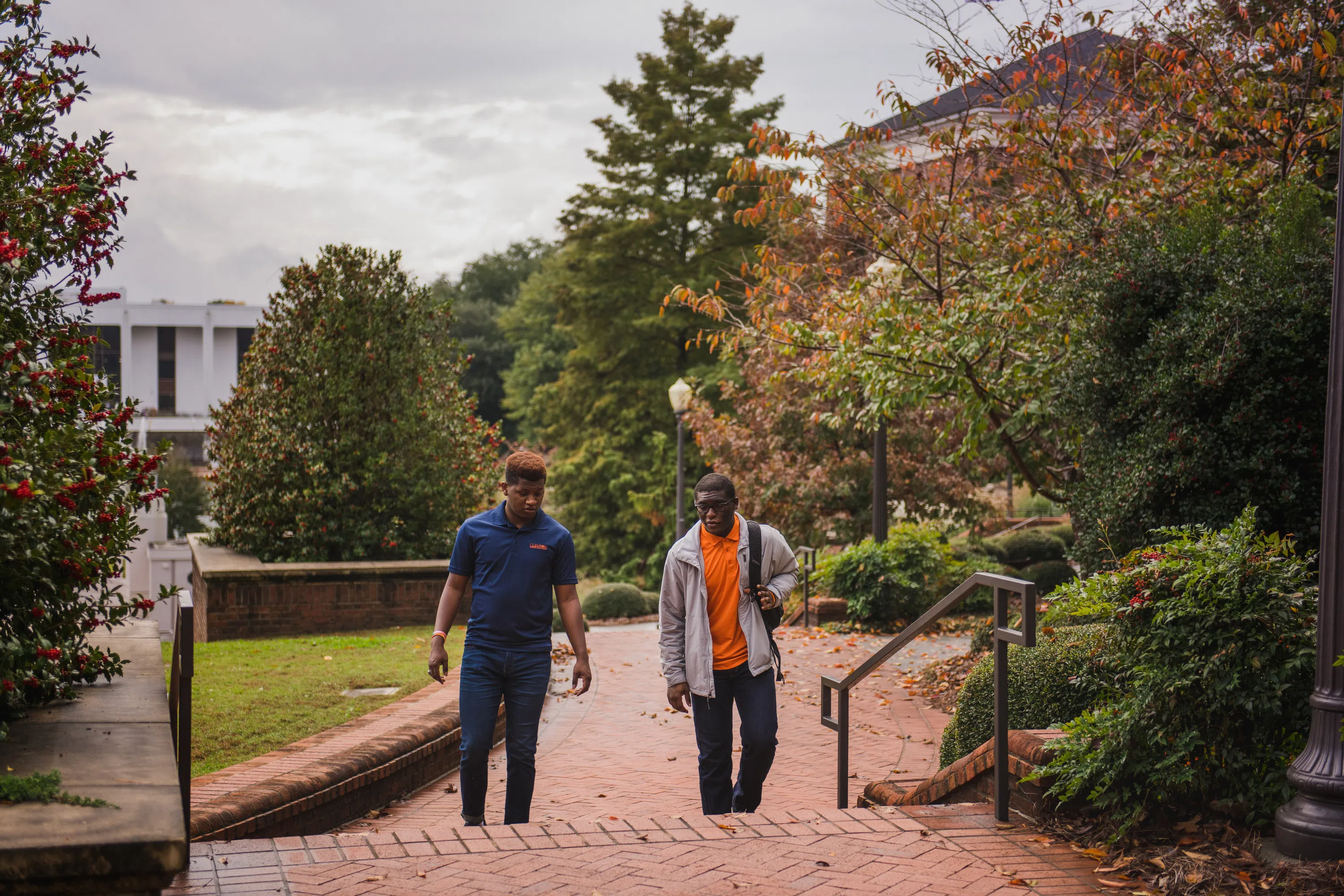 Two students walk together in the Carillon Garden.