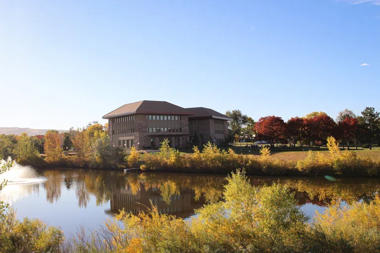 pond with Anschutz student center in the background