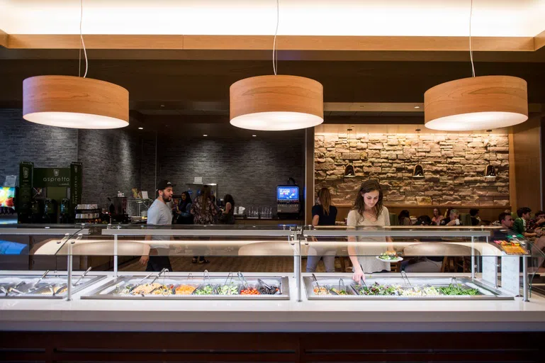 Salad Bar with large lighting above and one girl in line