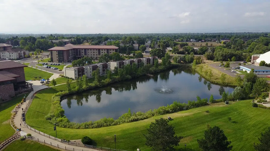 CCU's pond surrounded by trees and apartments