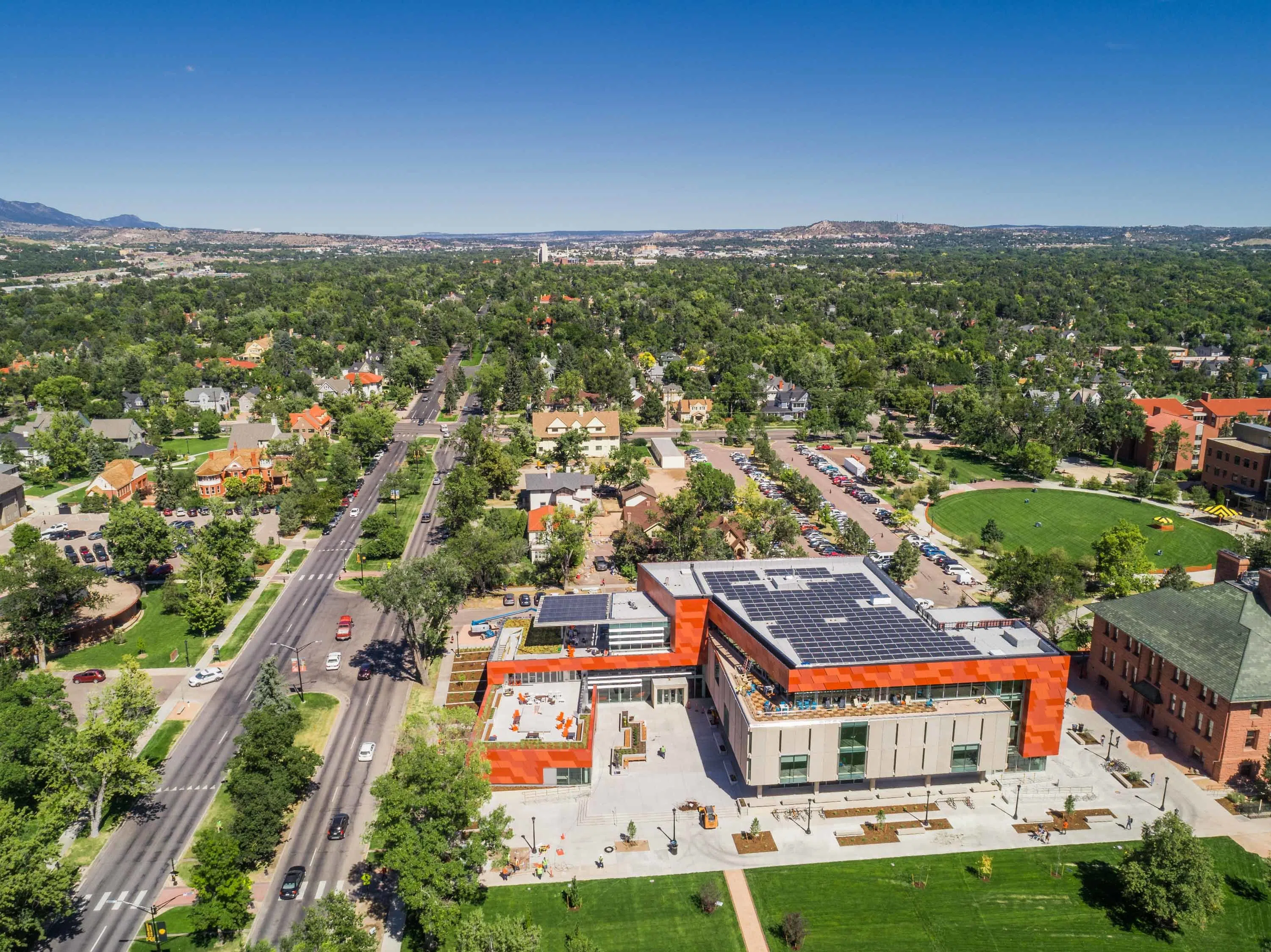 view of Tutt Library from drone looking north