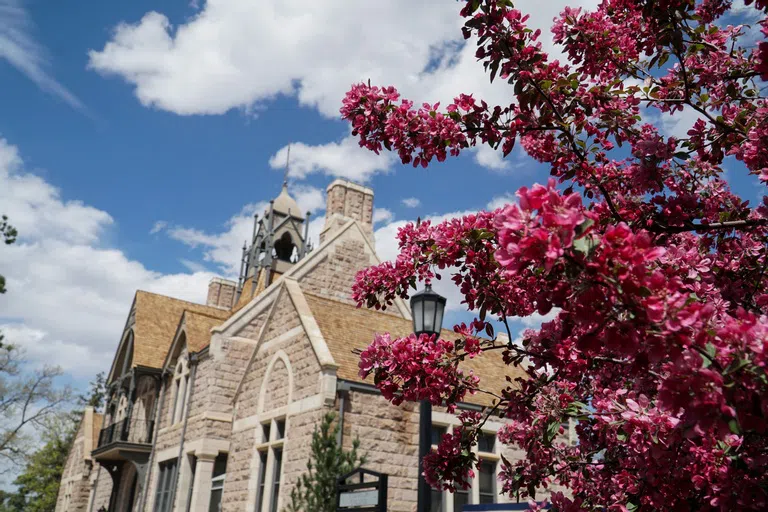 Cutler Hall with spring flowers