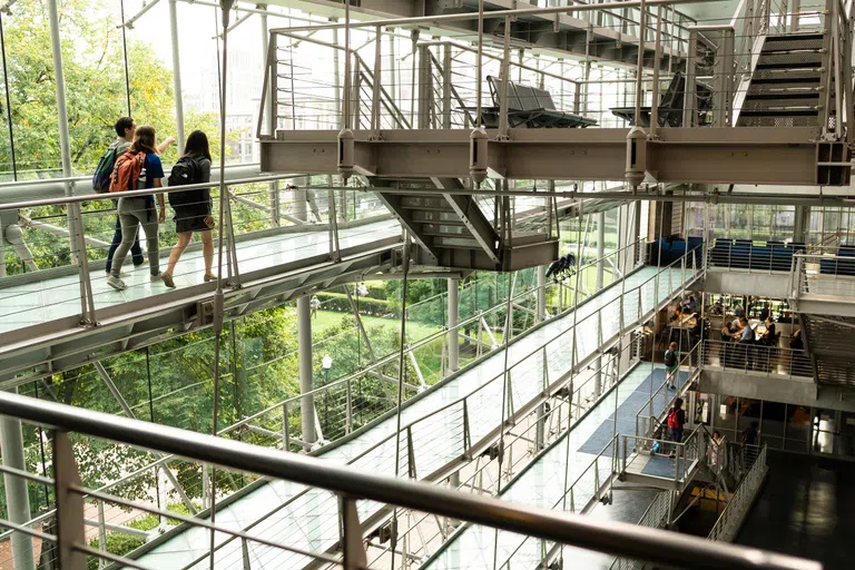 Glass building with metal ramps