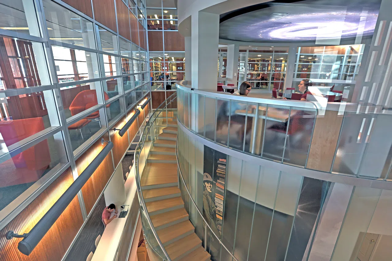 Interior shot of the staircase in Olin Library