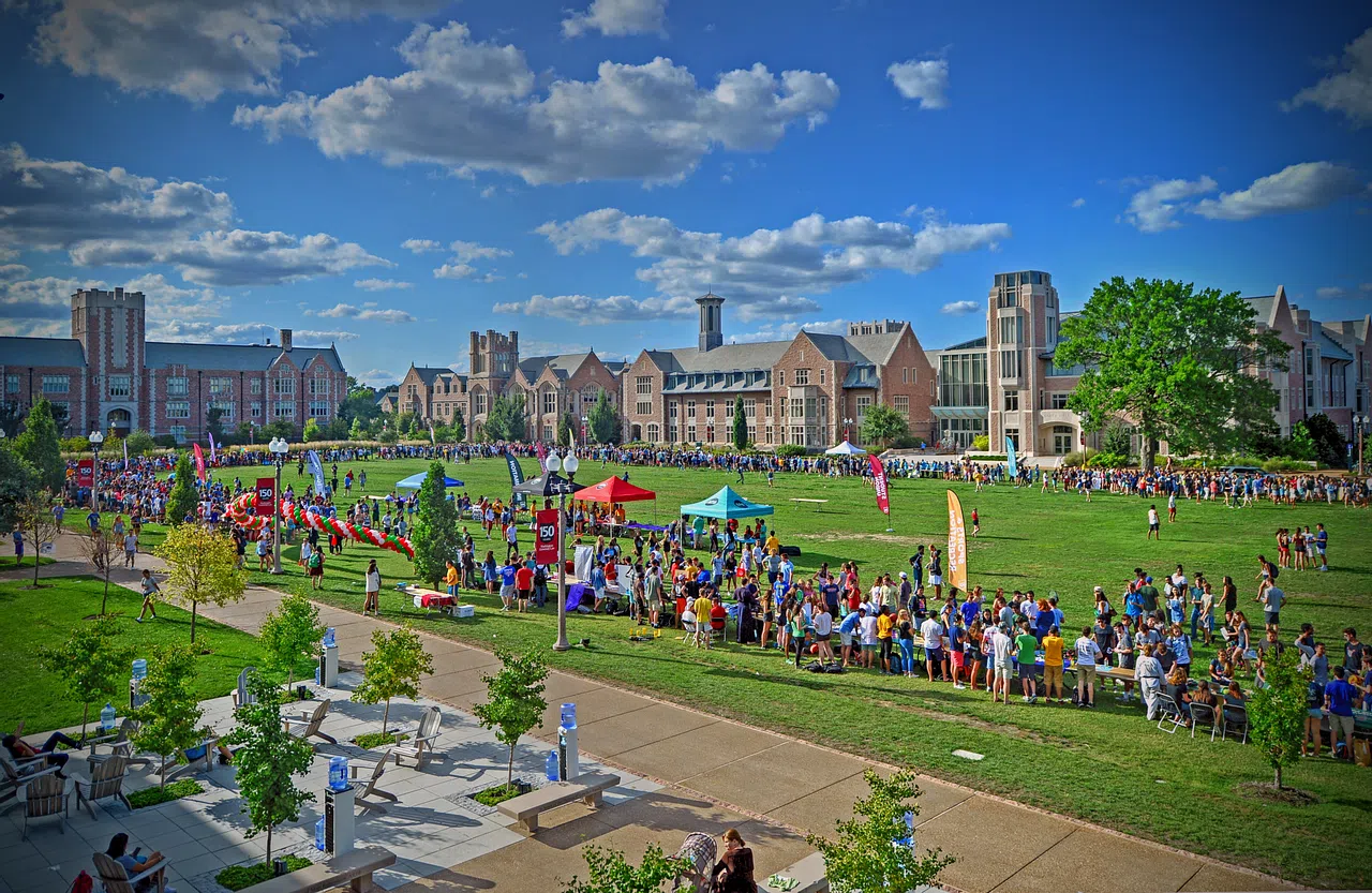 A shot of Mudd Field outside of the Danforth University Center