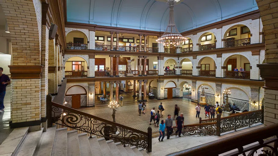 View from the second floor of Main Building depicting Great Court and the Visit Center in the background.