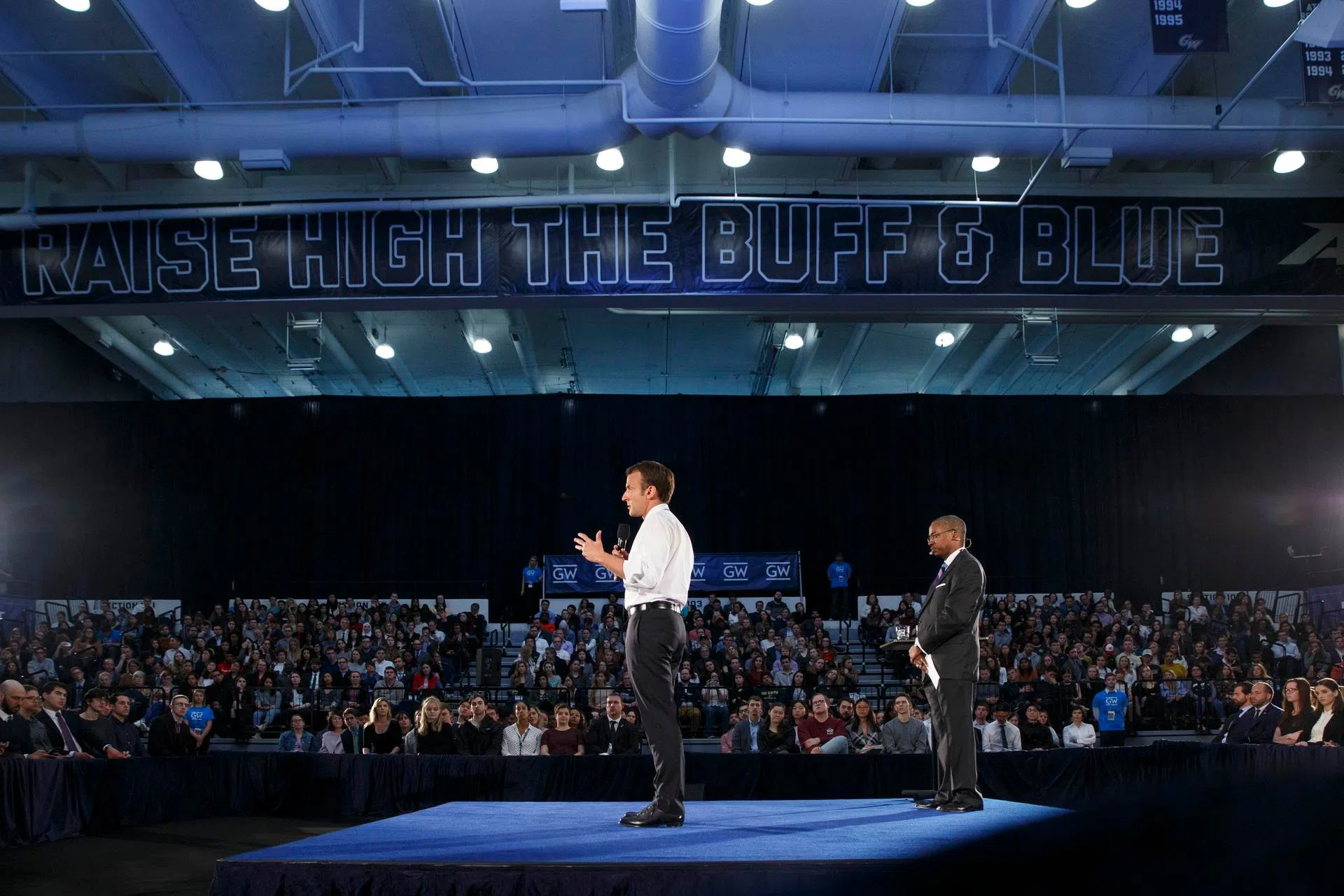 French President Emmanuel Macron speaking in the Smith Center