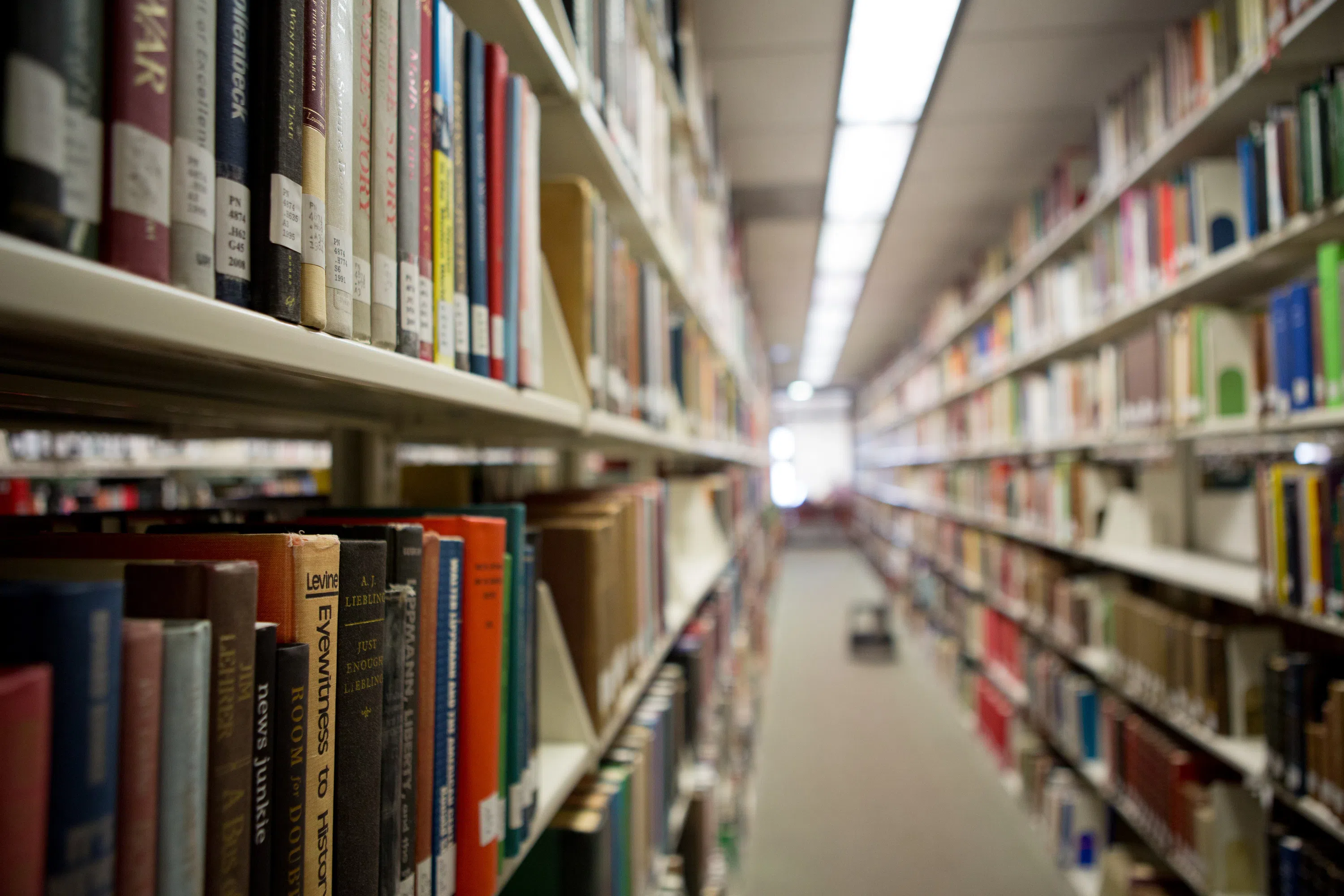 Bookshelves inside the Gelman Library 