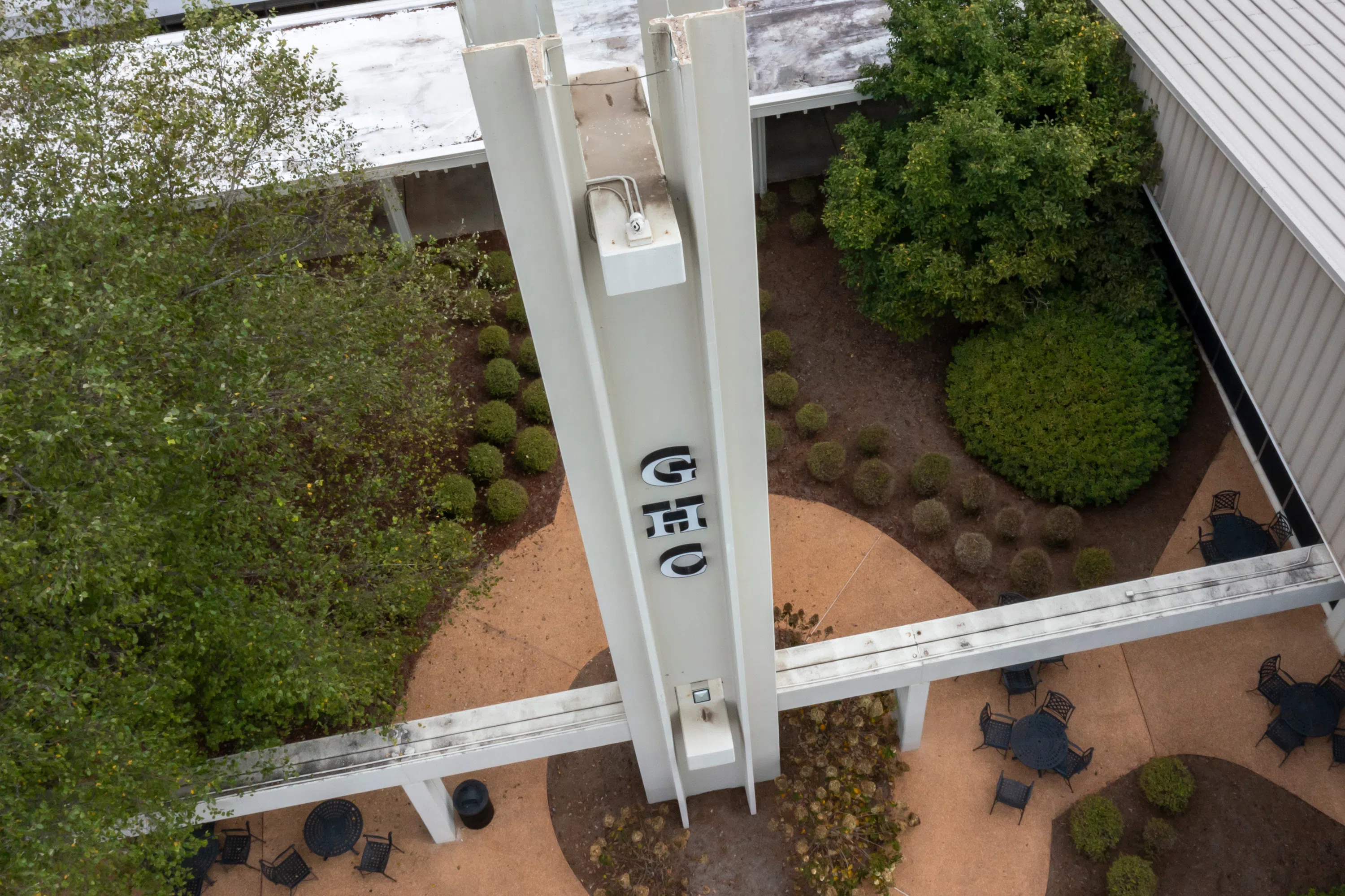 Floyd tower from above. Side of tower reads "GHC"