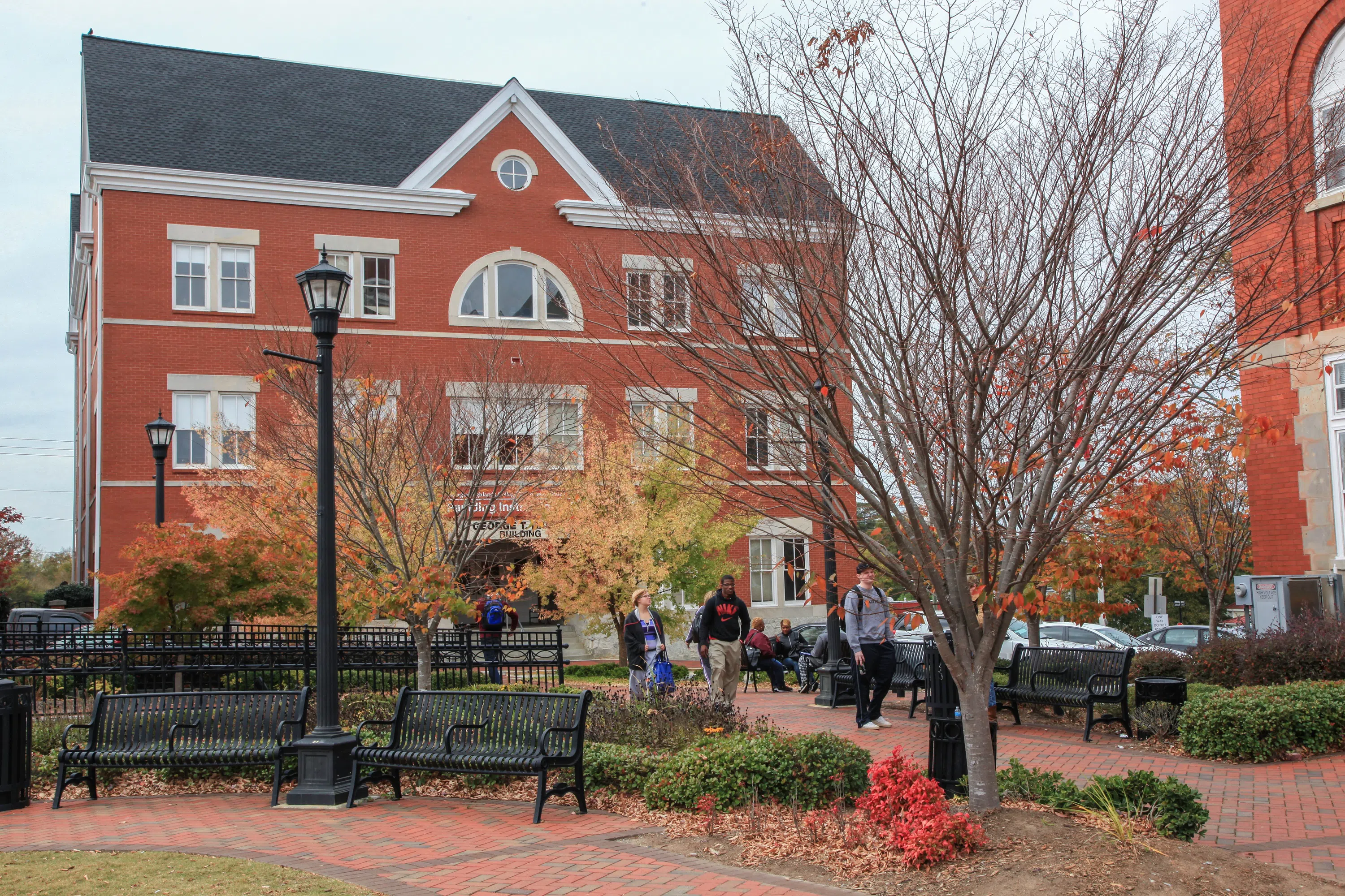 Exterior ob Bagby Building on the Paulding Site. Red brick building with brick path leading to entrance. 