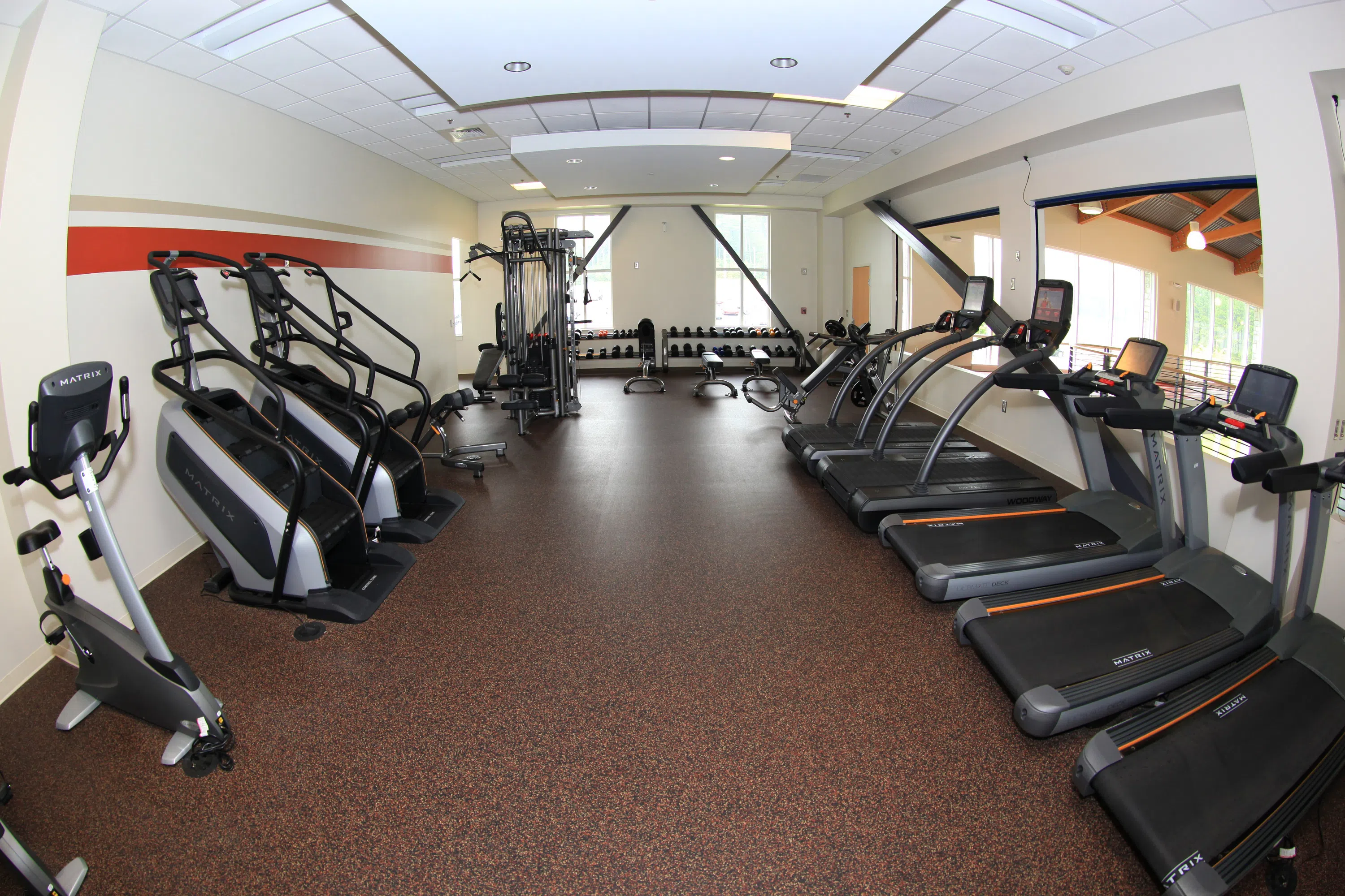 A row of treadmills are along the wall on the right-hand side. Additional exercise equipment are on the left-hand side against the wall. Straight ahead is a free-weight area with bench