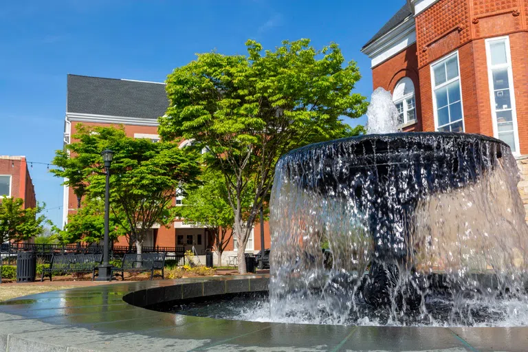 Courtyard outside the Bagby building. Fountain in the foreground