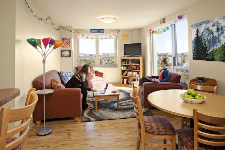 Inside an apartment living area in Figge Hall.