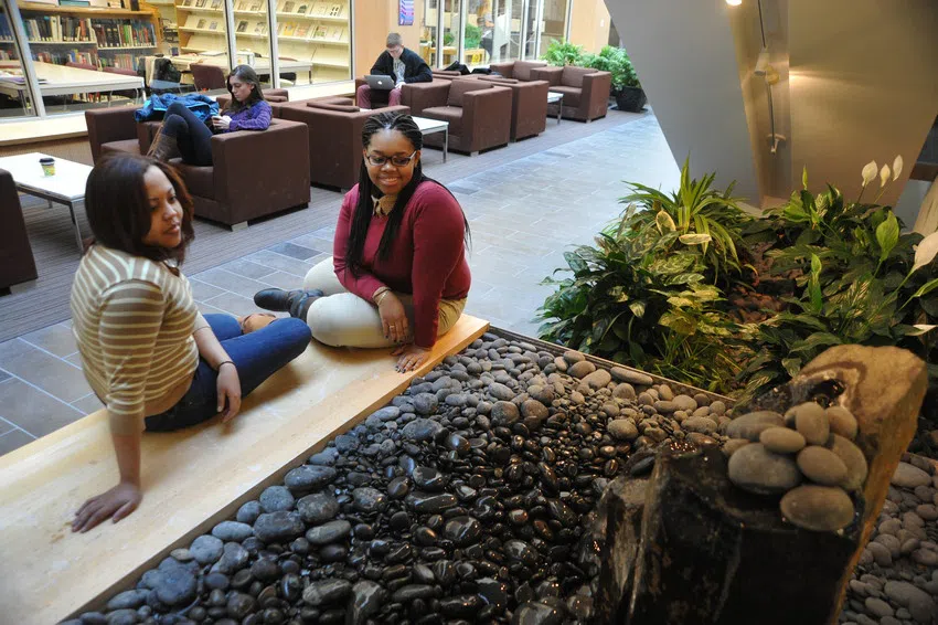 Students sit by indoor waterfall