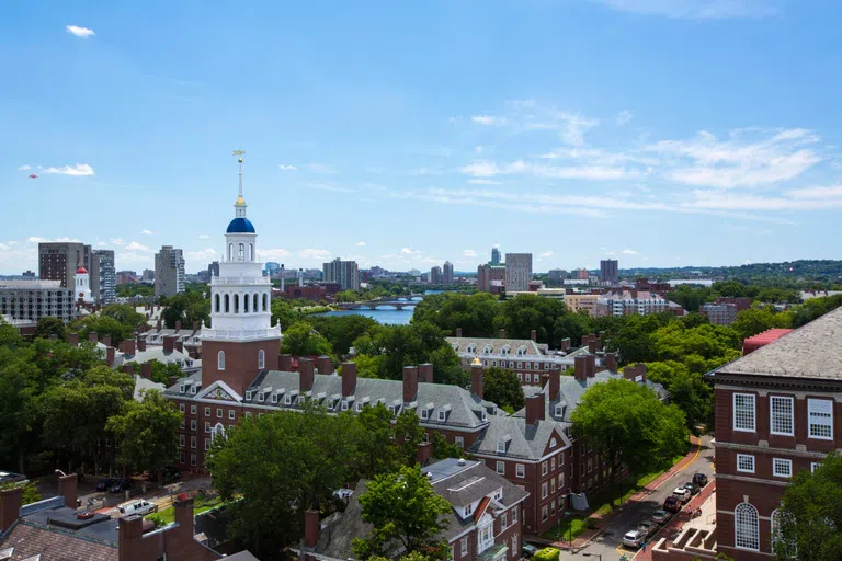 Blue domed building pokes out over trees, Charles River in distance