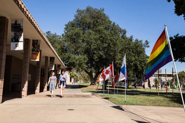 Students and flags in front of Platt Center