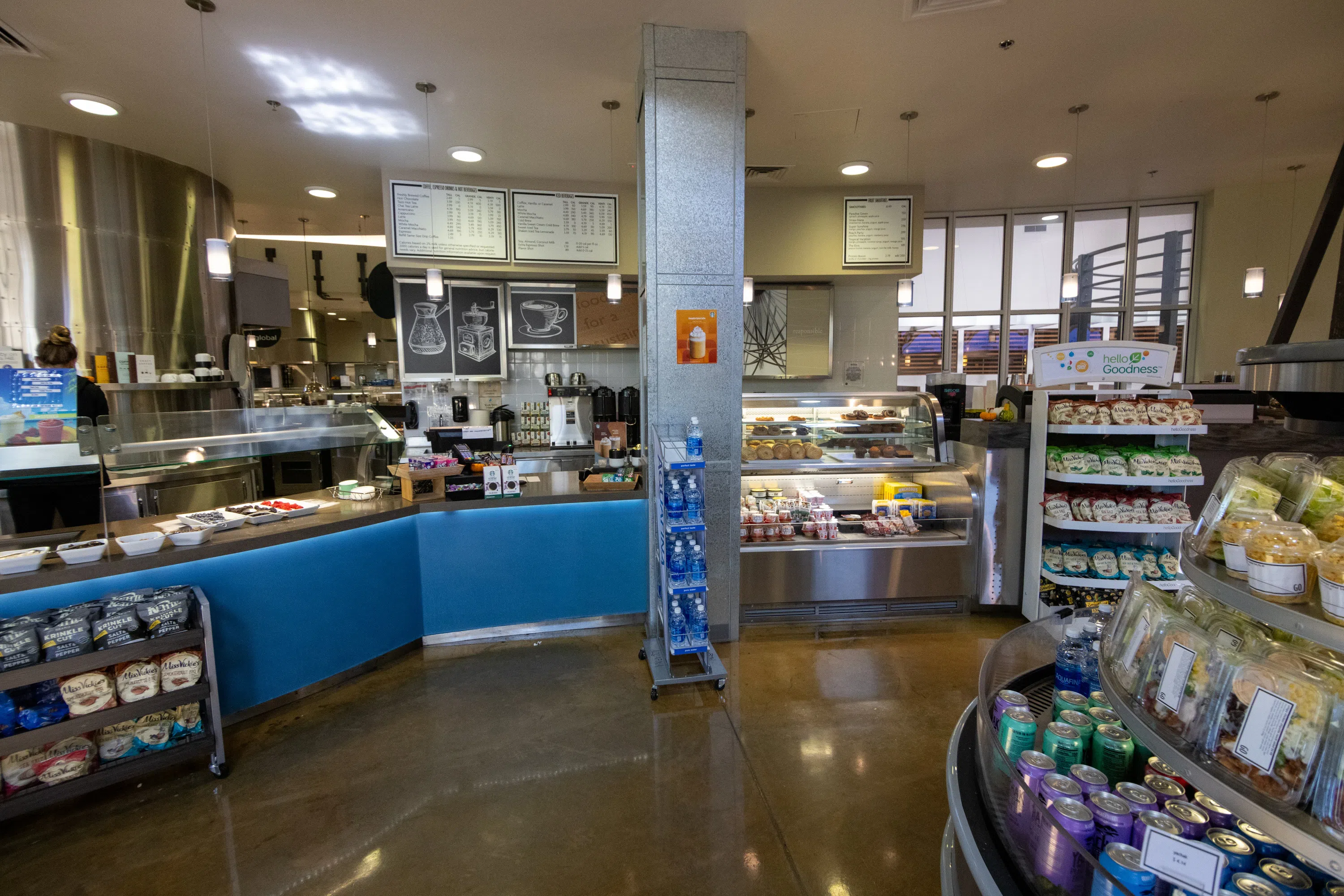 Large assortment of grab-and-go chips and drinks along with a fresh made coffee