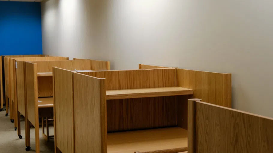 A row of wood study carrels.