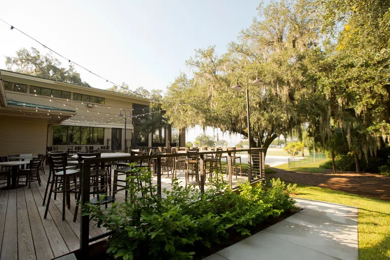 This is the back deck of the Riverhouse Pub. 