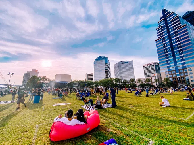 Concert-goers seated on the lawn