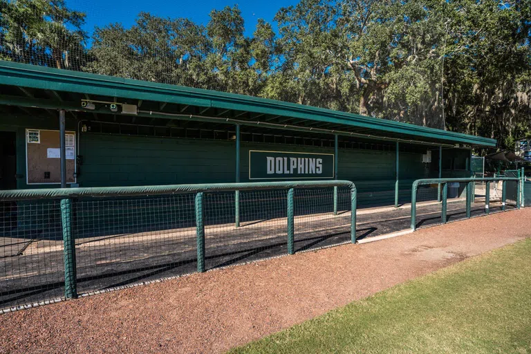 This is the the view of the Dolphins dugout from the field. 