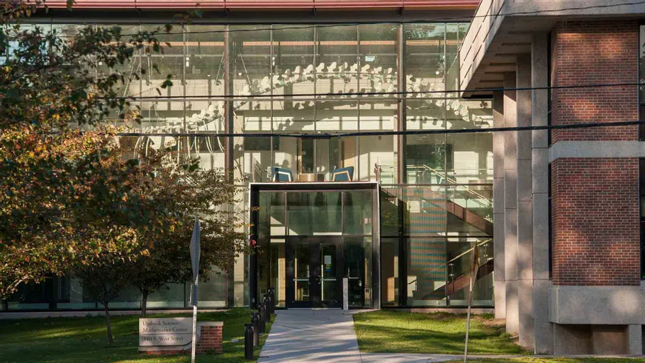 An exterior view of the Umbeck Science-Mathematics Center, where you can see a 55-foot fin whale skeleton suspended in the atrium.