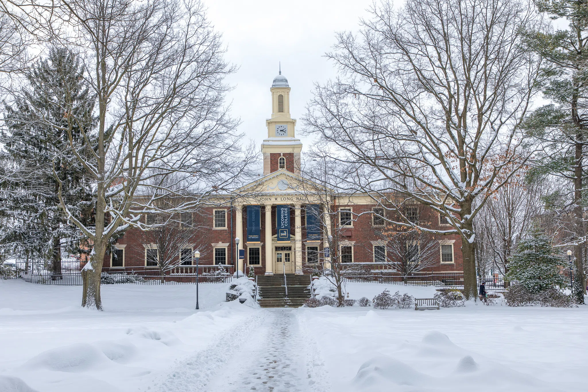 John W. Long Hall on a snowy day in February.