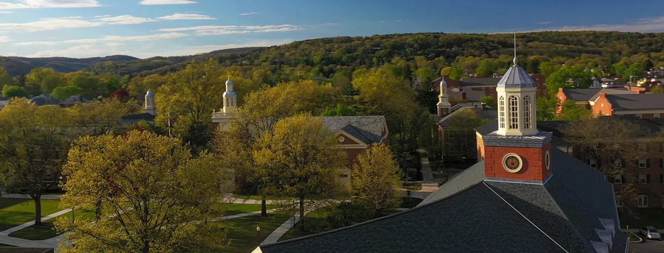 An aerial view of Lycoming College over the Krapf Gateway Center.