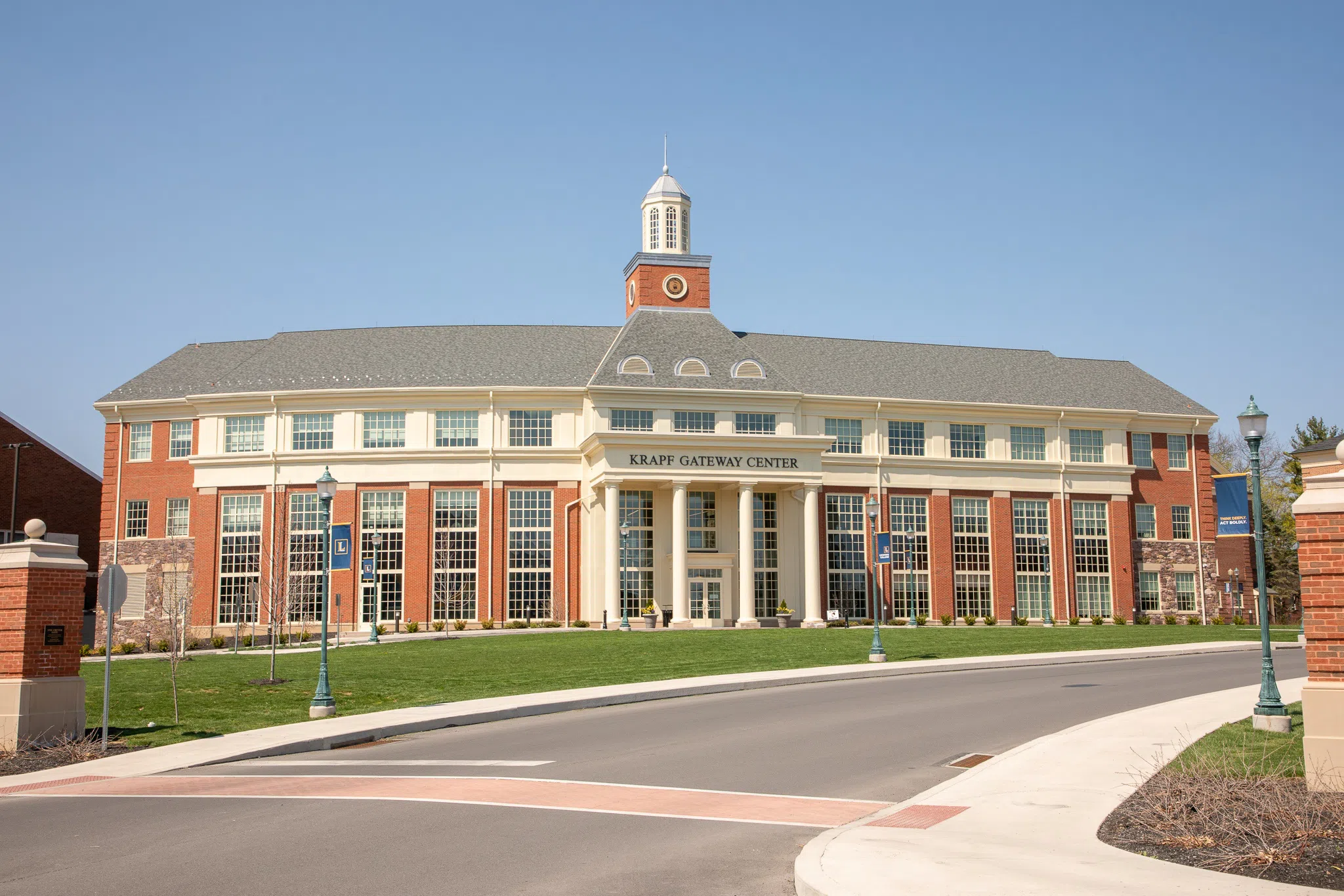 The entrance drive to Lycoming's campus, the Krapf Gateway Center stands tall to welcome visitors.