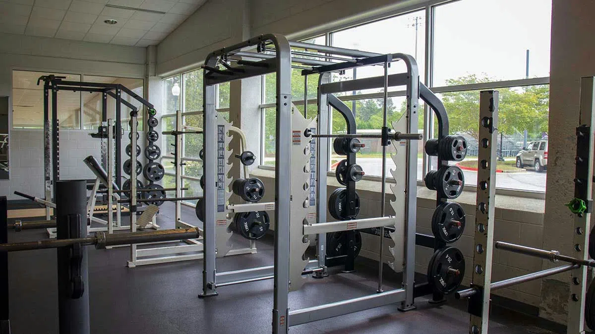 Racks of weights located at the RWC.