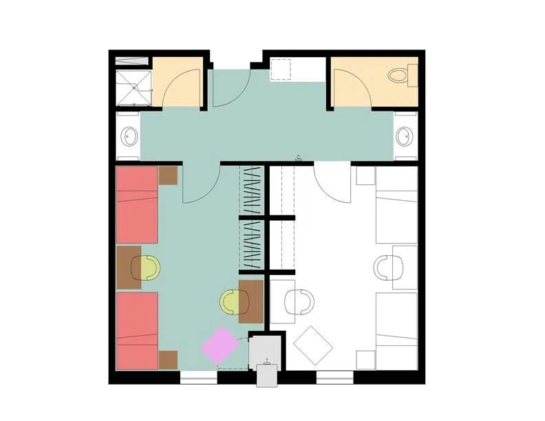 The floor plan of a dorm room.