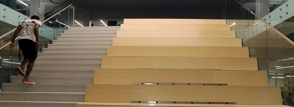 Student climbs staircase.