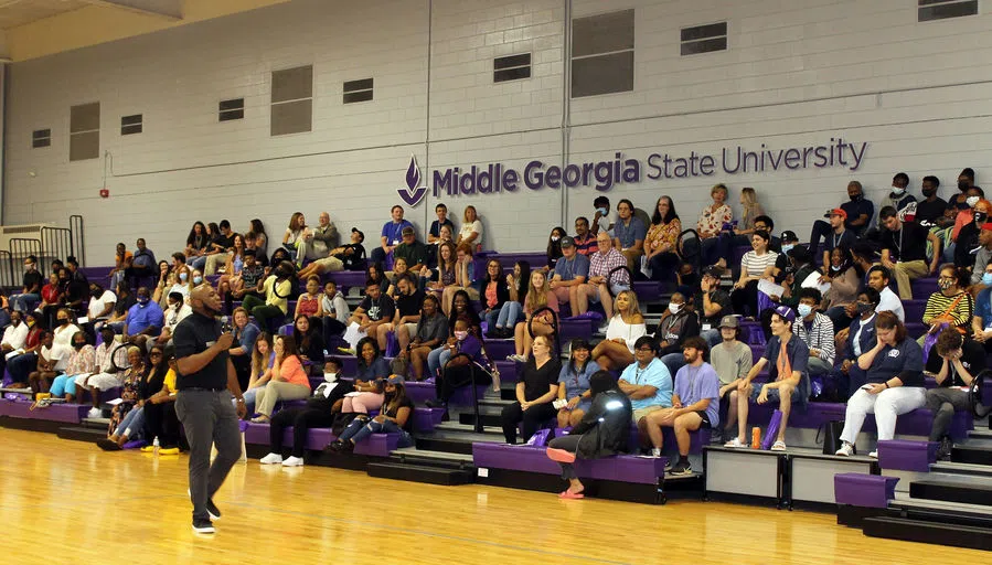 Large group of students attend event at Morris Gym.