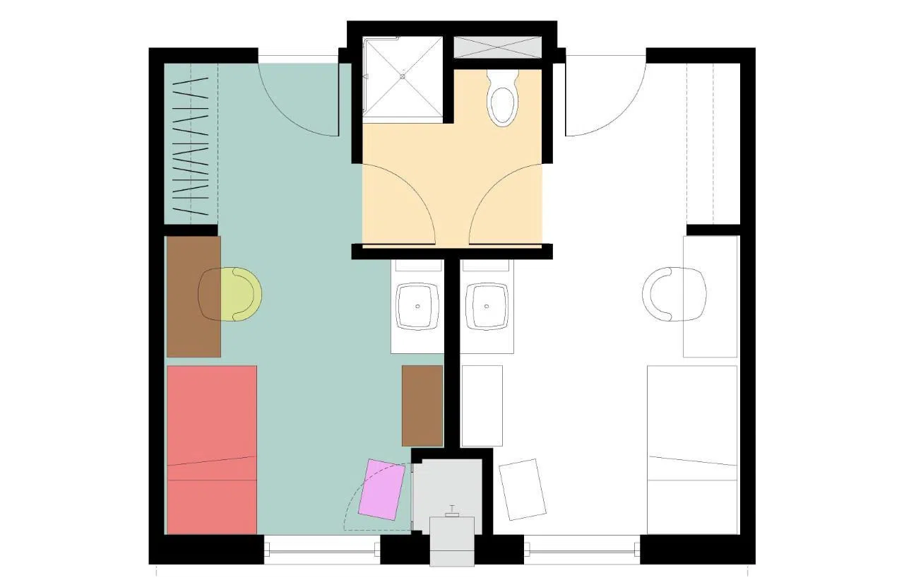 The floor plan of a dorm suite.