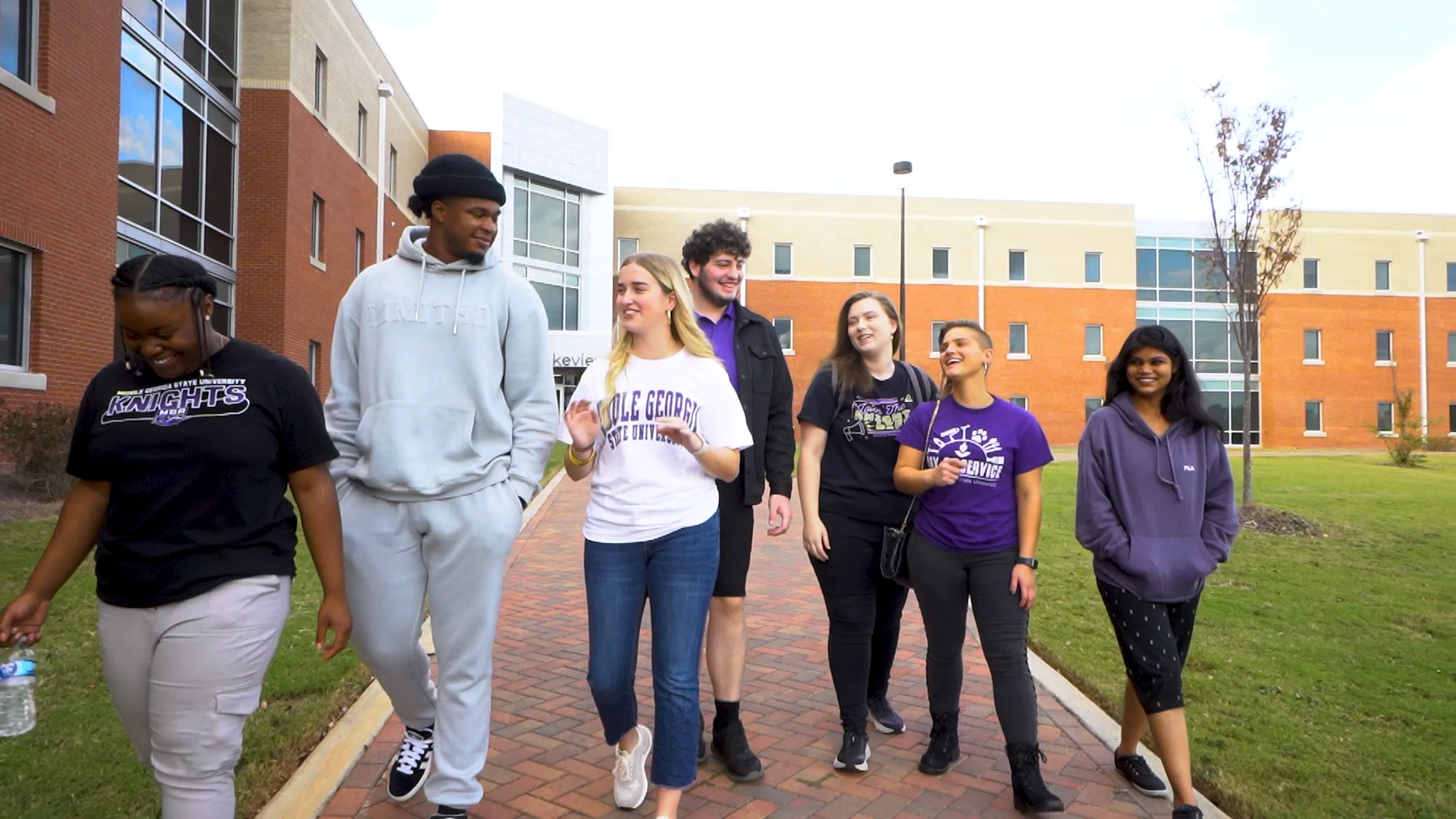 Students socialize outside of Lakeview Pointe.