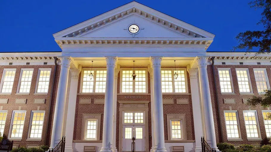 Walker Hall in the evening.