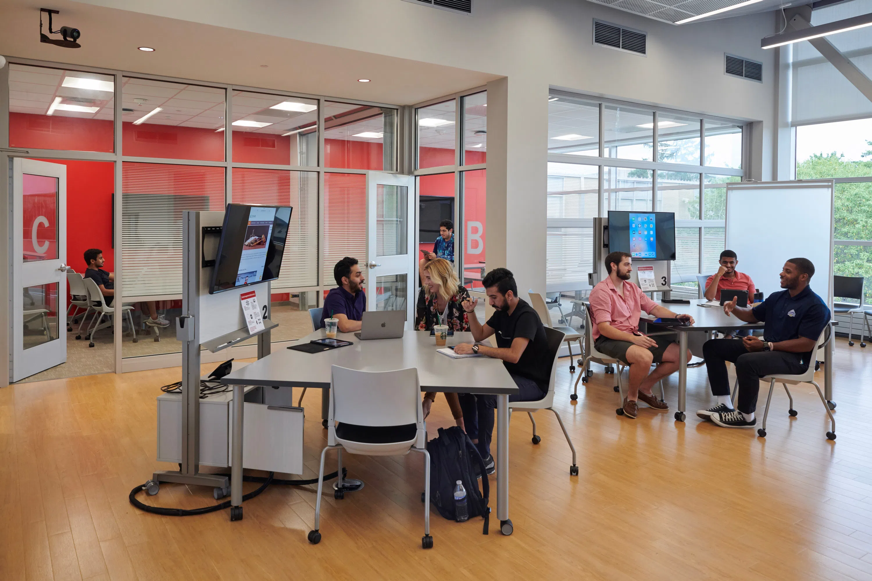 Our flexible learning space in Anheuser-Busch Hall (ABH). This classroom allows faculty and students to shift the room to create a new learning space based on the day's activities. 
