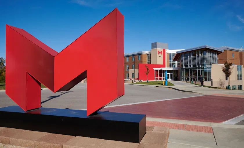 Maryville's "Big Red M" sitting in front of Saints Hall.