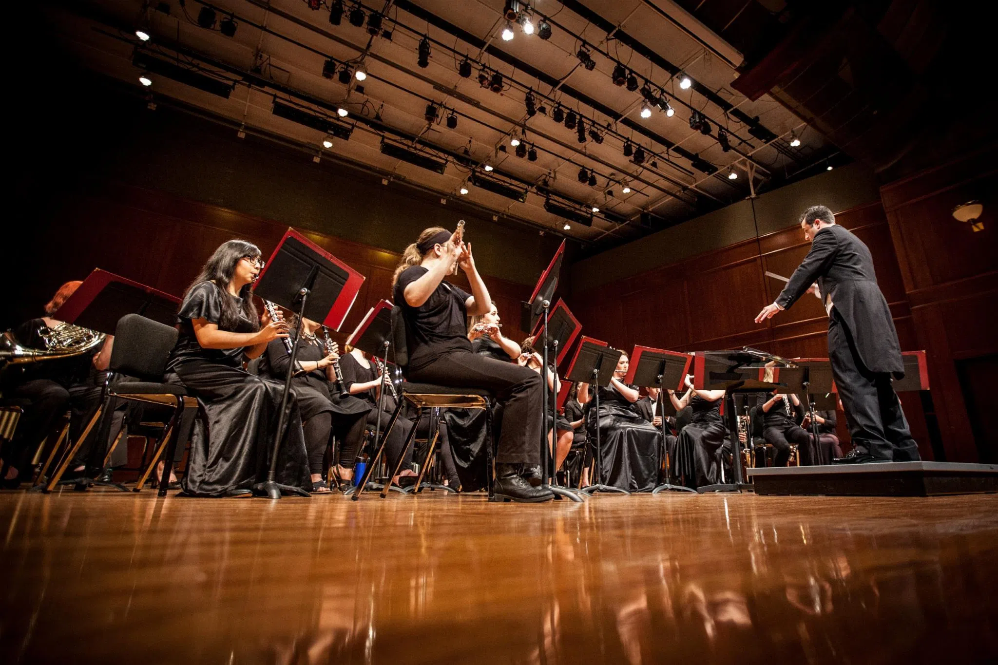 Conductor stands in front of an orchestra 