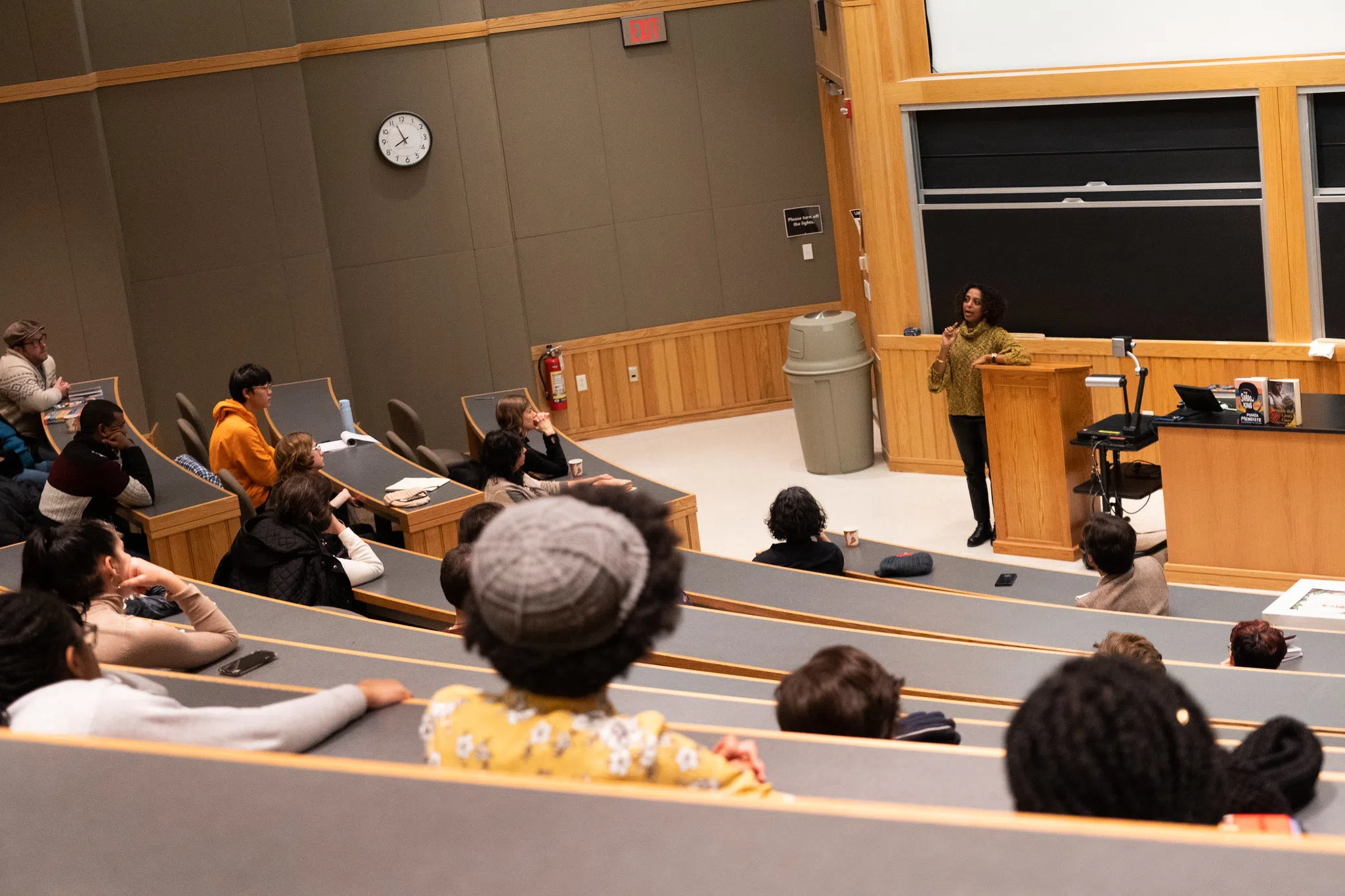 Students sit for a science lecture.