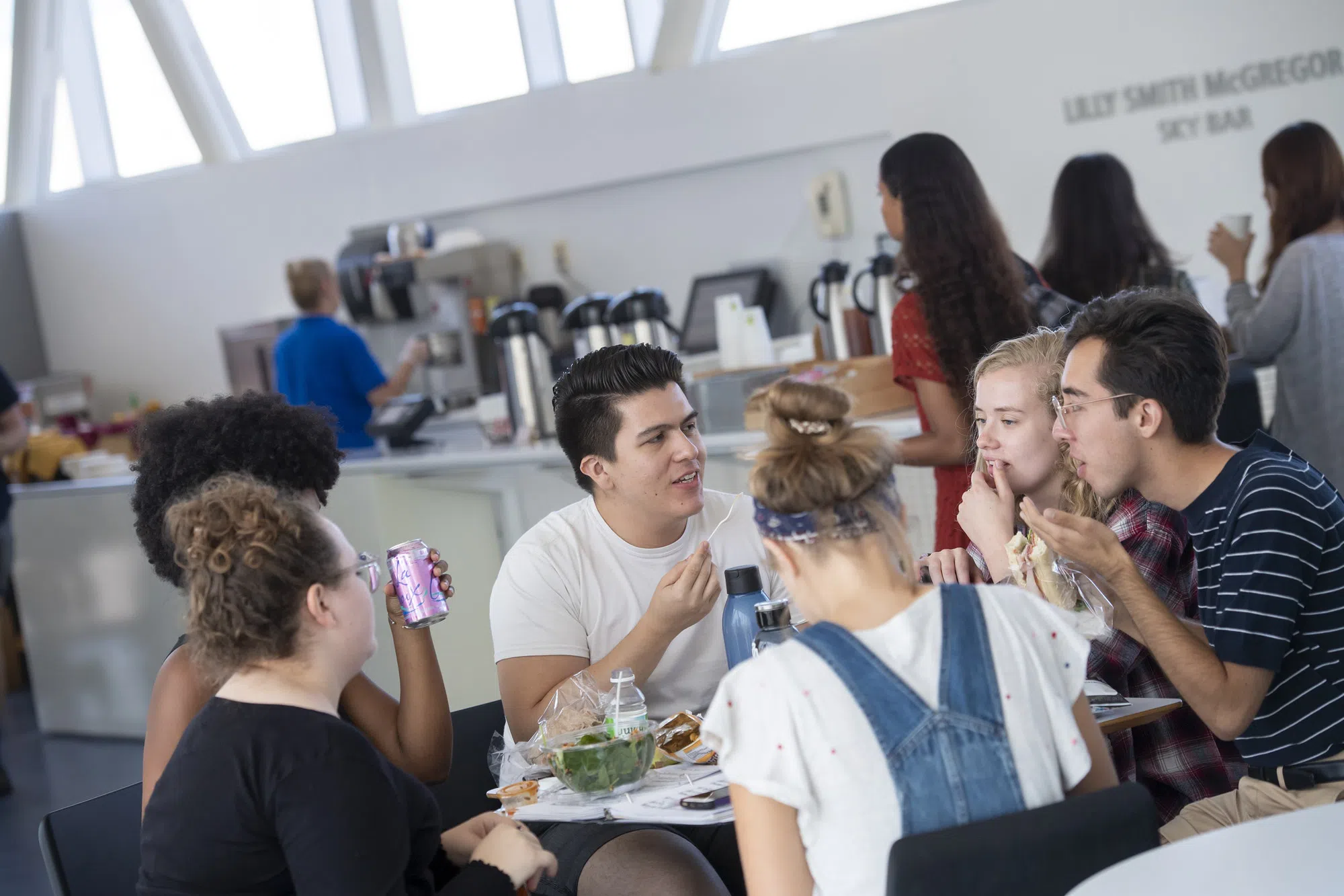 Students enjoy a meal in Oberlin's Sky Bar cafe which is located in Oberlin's conservatory