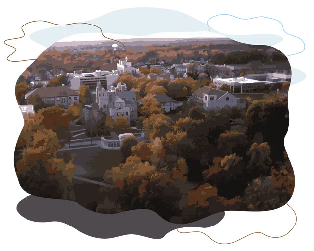 A fall drone aerial shot of Oberlin's campus. 