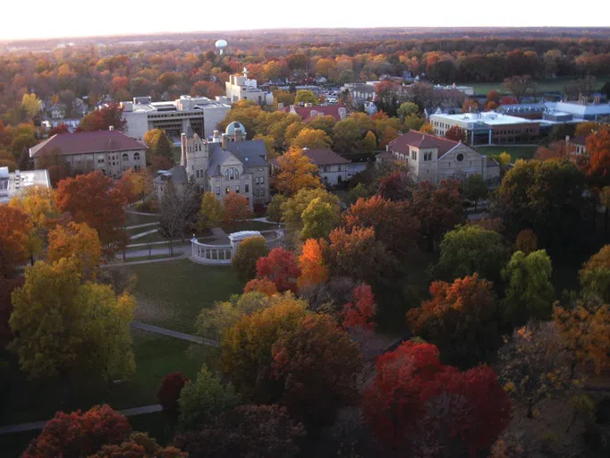 A fall drone aerial shot of Oberlin's campus. 