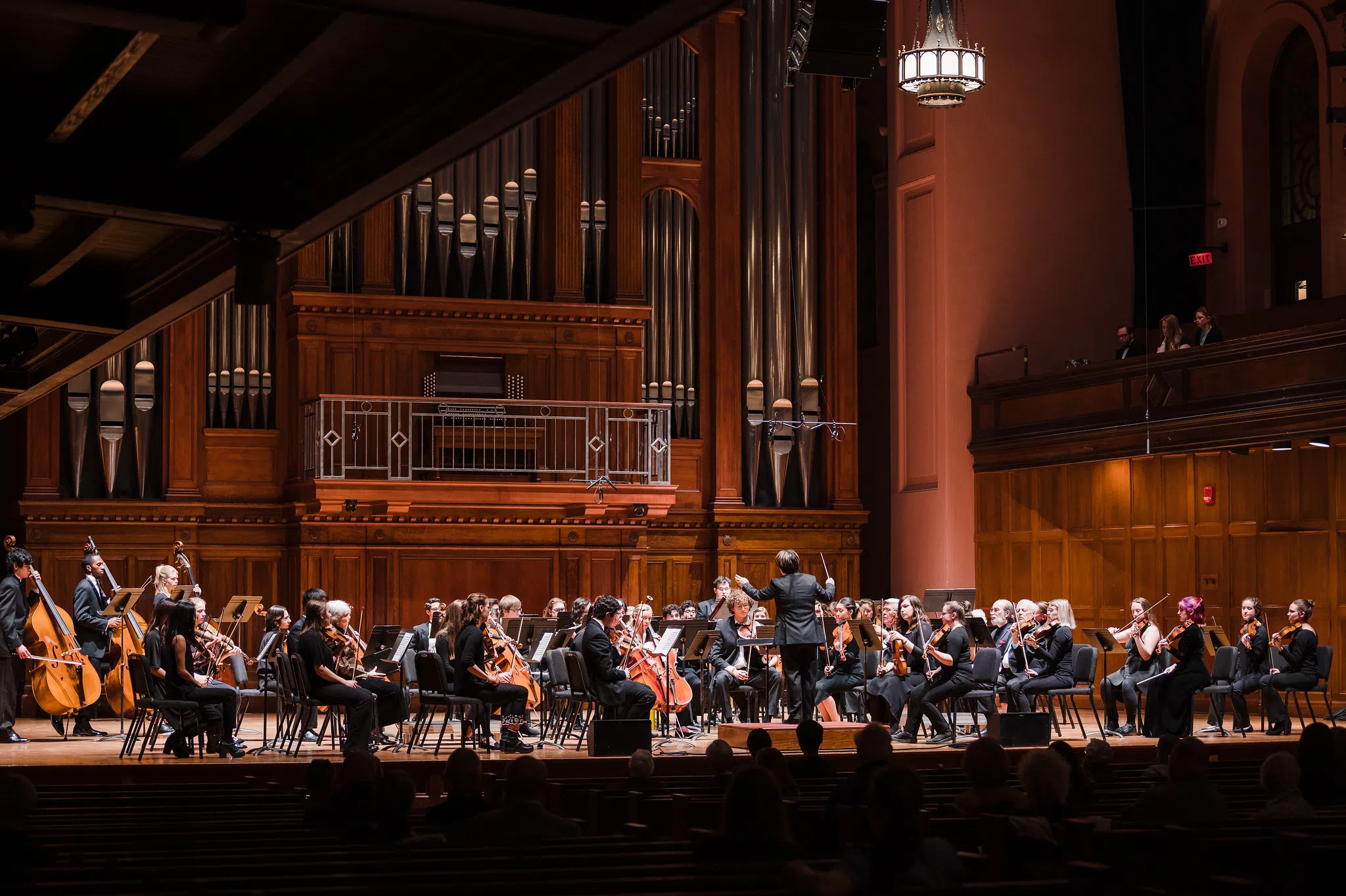 A full orchestra performs in front of a majestic organ.
